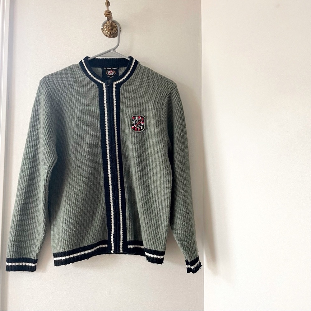 Vintage Puritan Ski Lift Green Knit Waffle Cardigan Jacket | Kids Size 16